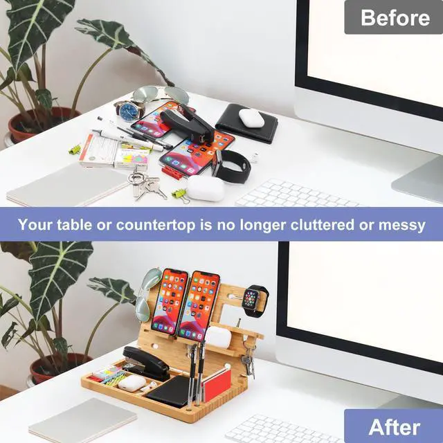 Alt view image 5 of 7 - Wood Phone Docking Station, Foldable Key Holder Wallet Nightstand Organizer, Men Gift Husband Anniversary Compatible with Phone Watch Sunglasses Pen Gadgets