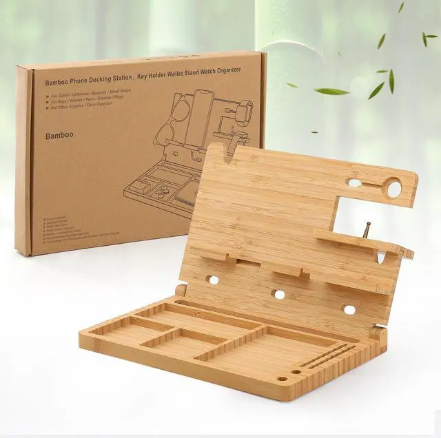 Alt view image 7 of 7 - Wood Phone Docking Station, Foldable Key Holder Wallet Nightstand Organizer, Men Gift Husband Anniversary Compatible with Phone Watch Sunglasses Pen Gadgets