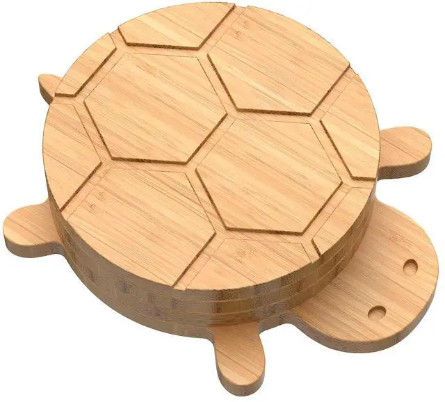 Main image of Bamboo Turtle Coaster Set with Magnetic Holder, 5PCS Wooden Drink Coasters for Coffee Table, Non Slip Heat Resistant Desk Decor & Unique Housewarming Gift (Multi-Color)/ Natural