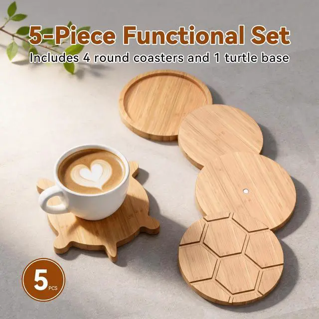 Alt view image 2 of 7 - Bamboo Turtle Coaster Set with Magnetic Holder, 5PCS Wooden Drink Coasters for Coffee Table, Non Slip Heat Resistant Desk Decor & Unique Housewarming Gift (Multi-Color)/ Natural