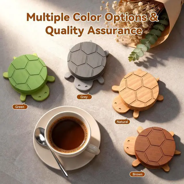 Alt view image 5 of 7 - Bamboo Turtle Coaster Set with Magnetic Holder, 5PCS Wooden Drink Coasters for Coffee Table, Non Slip Heat Resistant Desk Decor & Unique Housewarming Gift (Multi-Color)/ Natural