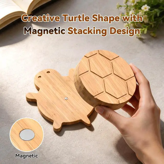 Alt view image 3 of 7 - Bamboo Turtle Coaster Set with Magnetic Holder, 5PCS Wooden Drink Coasters for Coffee Table, Non Slip Heat Resistant Desk Decor & Unique Housewarming Gift (Multi-Color)/ Natural