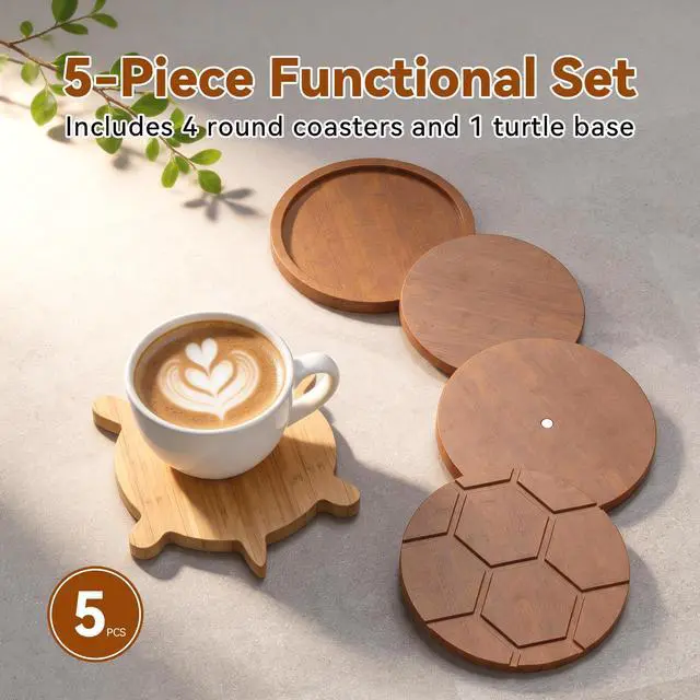 Alt view image 2 of 7 - Bamboo Turtle Coaster Set with Magnetic Holder, 5PCS Wooden Drink Coasters for Coffee Table, Non Slip Heat Resistant Desk Decor & Unique Housewarming Gift (Multi-Color)/ 2 Tones: Brown+Natural