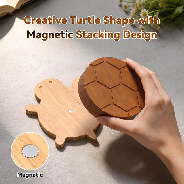 Alt view image 3 of 7 - Bamboo Turtle Coaster Set with Magnetic Holder, 5PCS Wooden Drink Coasters for Coffee Table, Non Slip Heat Resistant Desk Decor & Unique Housewarming Gift (Multi-Color)/ 2 Tones: Brown+Natural
