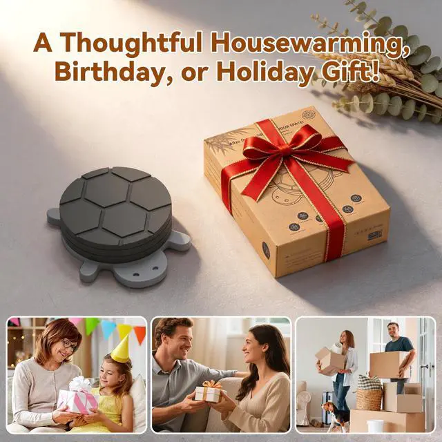 Alt view image 7 of 7 - Bamboo Turtle Coaster Set with Magnetic Holder, 5PCS Wooden Drink Coasters for Coffee Table, Non Slip Heat Resistant Desk Decor & Unique Housewarming Gift (Multi-Color)/ Gray