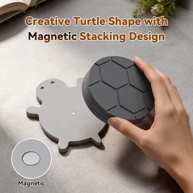 Alt view image 3 of 7 - Bamboo Turtle Coaster Set with Magnetic Holder, 5PCS Wooden Drink Coasters for Coffee Table, Non Slip Heat Resistant Desk Decor & Unique Housewarming Gift (Multi-Color)/ Gray