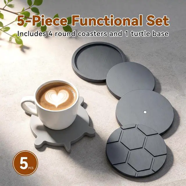 Alt view image 2 of 7 - Bamboo Turtle Coaster Set with Magnetic Holder, 5PCS Wooden Drink Coasters for Coffee Table, Non Slip Heat Resistant Desk Decor & Unique Housewarming Gift (Multi-Color)/ Gray