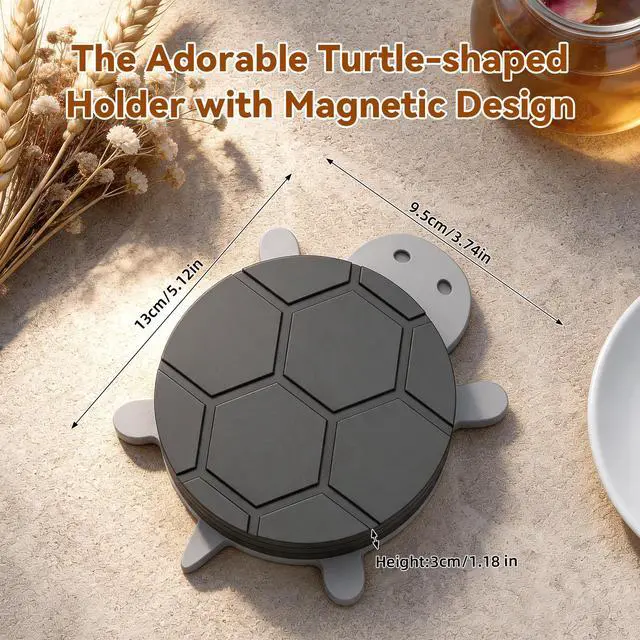 Alt view image 6 of 7 - Bamboo Turtle Coaster Set with Magnetic Holder, 5PCS Wooden Drink Coasters for Coffee Table, Non Slip Heat Resistant Desk Decor & Unique Housewarming Gift (Multi-Color)/ Gray