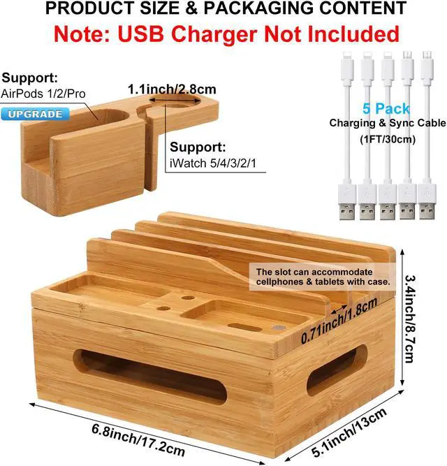 Alt view image 3 of 7 - Bamboo Charging Station for Multiple Device, Pezin & Hulin Desktop Phone Docking Station Organizer, Included 5 Charging & Sync Cables, iWatch & AirPod Stand (NO USB Charger)