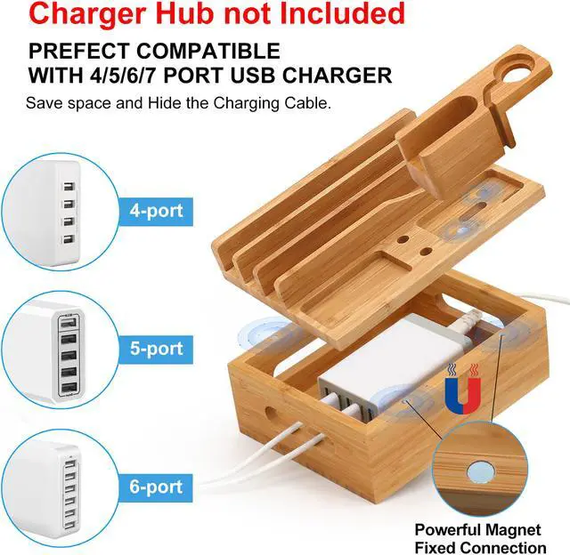 Alt view image 2 of 7 - Bamboo Charging Station for Multiple Device, Pezin & Hulin Desktop Phone Docking Station Organizer, Included 5 Charging & Sync Cables, iWatch & AirPod Stand (NO USB Charger)