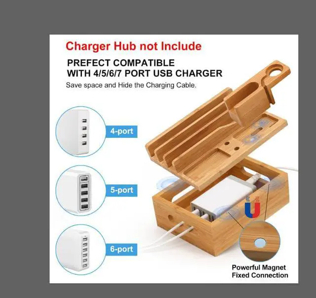Alt view image 4 of 7 - Bamboo Charging Station for Multiple Device, Pezin & Hulin Desktop Phone Docking Station Organizer, Included 5 Charging & Sync Cables, iWatch & AirPod Stand (NO USB Charger)