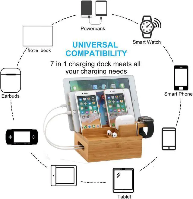 Alt view image 7 of 7 - Bamboo Charging Station for Multiple Device, Pezin & Hulin Desktop Phone Docking Station Organizer, Included 5 Charging & Sync Cables, iWatch & AirPod Stand (NO USB Charger)