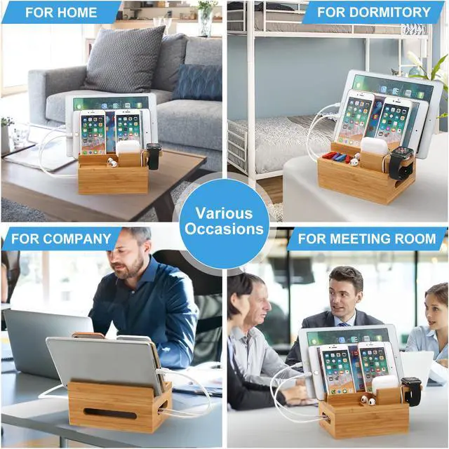 Alt view image 5 of 7 - Bamboo Charging Station for Multiple Device, Pezin & Hulin Desktop Phone Docking Station Organizer, Included 5 Charging & Sync Cables, iWatch & AirPod Stand (NO USB Charger)