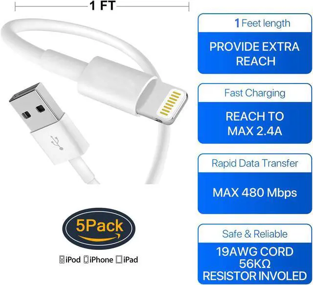 Alt view image 7 of 7 - Lightning Cables Pack 5 1FT(30CM), iPhone Charger Cables, Fast Charging Syncing Cords Compatible with iPhone XS/Max/XR/X/8/8Plus/7/7P/6S/iPad/IOS (White, Pack 5)