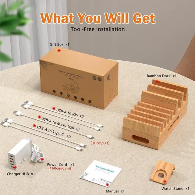 Alt view image 7 of 7 - Pezin & Hulin 7-in-1 Usb Charging Station + Charge HUB + 5 Cable, Desktop Cell Phone Stand, Device Storage, Portable Phone Charger Stand Holder for iPhone Samsung, iPad, Kindle, eBook Reader