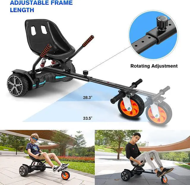 Alt view image 4 of 7 - Flytraks K2 Hoverboard Go Kart with Rear Shock Absorption, Hoverboard Seat Attachment Accessory for 6.5" 8" 10" Hover Board, Adjustable Frame Length & Off-Road Rubber Wheel