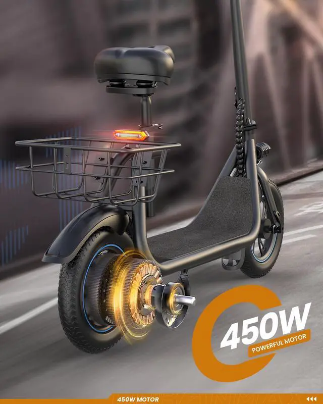 Alt view image 3 of 7 - GYROOR C1 450W Electric Scooter with Seat, Powerful Motor up to 22 Miles Range, Folding Electric Scooter for Adult Max Speed 15.5Mph, Electric Scooter for Commuting with Basket
