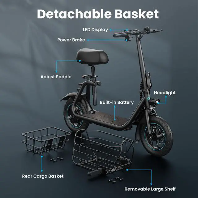 Alt view image 5 of 7 - GYROOR 550W Electric Scooter with Basket for Pets, 12 inch Commuter Electric Scooter with Seat for Adult, Bigger Seat - up to 20 Miles 18.6MPH