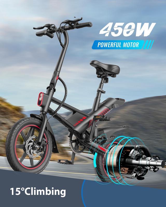 Alt view image 4 of 7 - Gyroor Updated 14" Ebike 450W Electric Bike for Adults, 18.6MPH 3 Riding Modes Mini Electric Bike with 36V 10AH Battery UL2849(Free Lock)