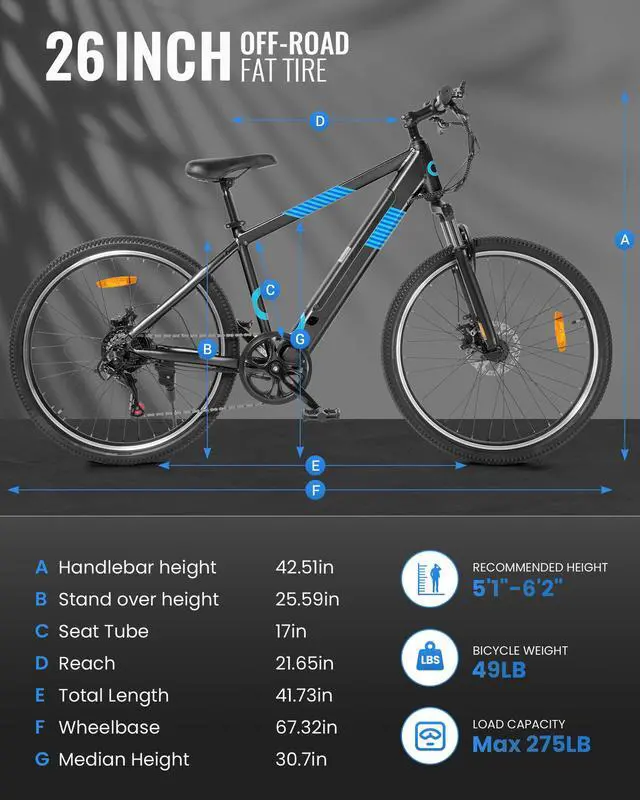 Alt view image 6 of 6 - GYROOR 350W Electric Bike 26" Electric Mountain Bike for Adults, 36V Built-in Hidden Removable Battery with Shimano 7 Speed City Commuter Bike for Man Woman - UL2849