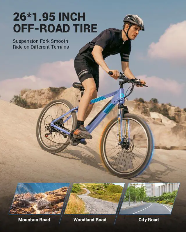 Alt view image 4 of 7 - GYROOR 350W Electric Bike 26" Electric Mountain Bike for Adults, 36V Built-in Hidden Removable Battery with Shimano 7 Speed City Commuter Bike for Man Woman - UL2849 Blue/Blue