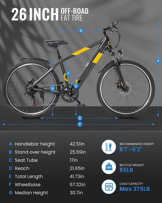 Alt view image 7 of 7 - GYROOR 550W Electric Bike 26" Electric Mountain Bike for Adults, 48V Built-in Hidden Removable Battery, Up to 50 Miles with Shimano 21 Speed City Commuter Bike for Man Woman - UL2849