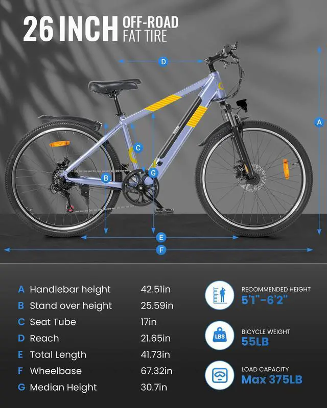 Alt view image 7 of 7 - GYROOR 550W Electric Bike 26" Electric Mountain Bike for Adults, 48V Built-in Hidden Removable Battery, Up to 50 Miles with Shimano 21 Speed City Commuter Bike for Man Woman - UL2849 Blue