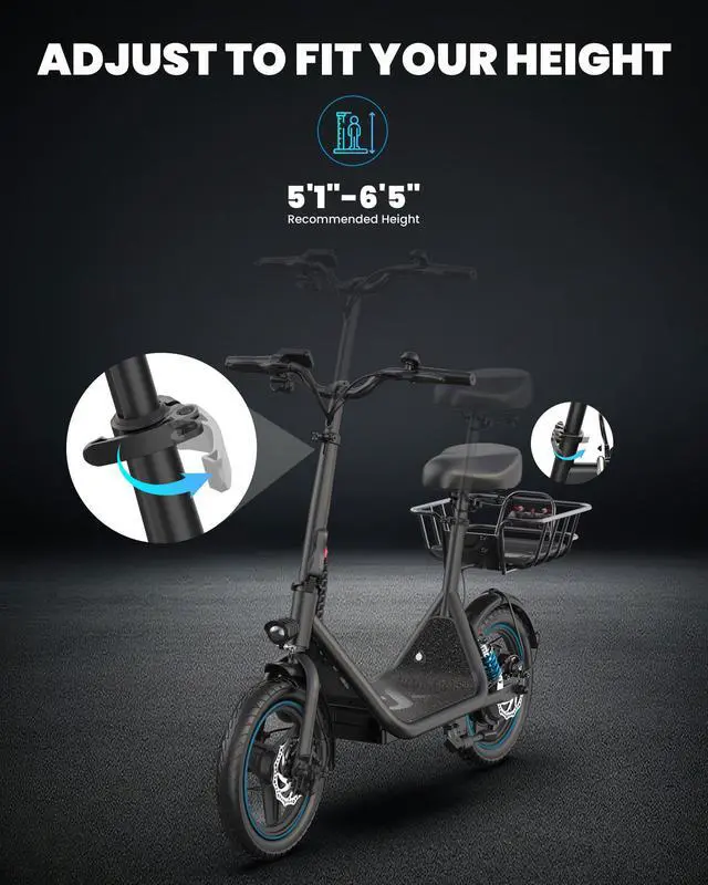 Alt view image 6 of 7 - GYROOR 650W Electric Scooter with Seat for Adult,14 inch Commuter Electric Scooter with Dual Shock Absorbers and Basket-up to 25 Miles 18.6MPH Rear Basket