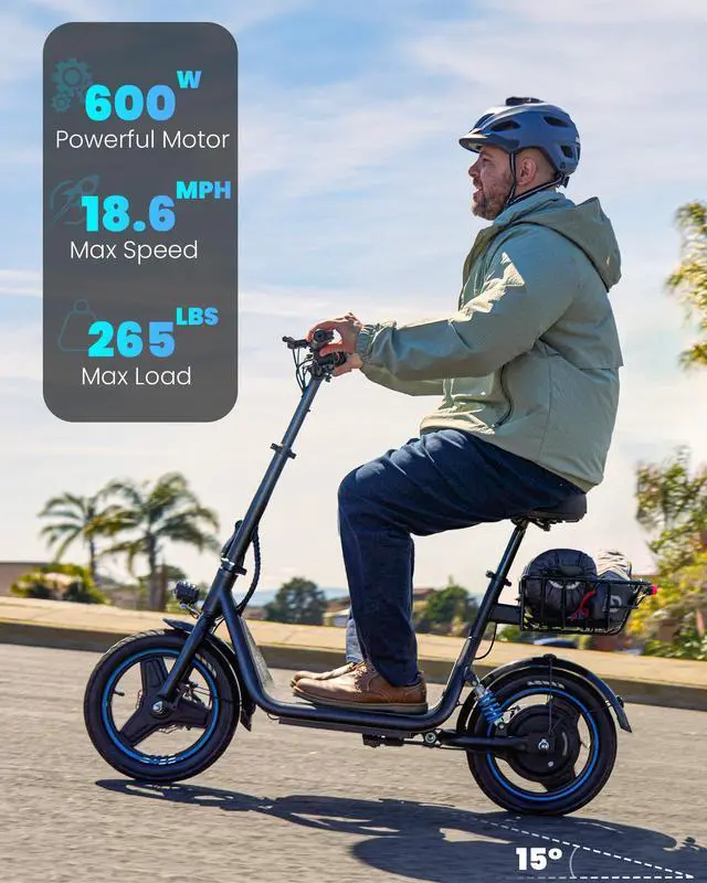 Alt view image 2 of 7 - GYROOR 650W Electric Scooter with Seat for Adult,14 inch Commuter Electric Scooter with Dual Shock Absorbers and Basket-up to 25 Miles 18.6MPH Rear Basket