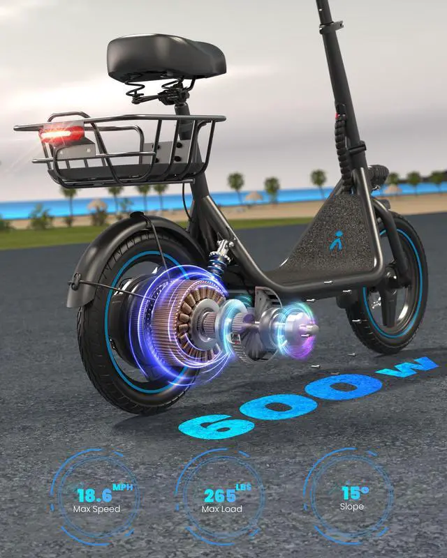 Alt view image 3 of 7 - GYROOR 650W Electric Scooter with Seat for Adult,14 inch Commuter Electric Scooter with Dual Shock Absorbers and Basket-up to 25 Miles 18.6MPH Rear Basket