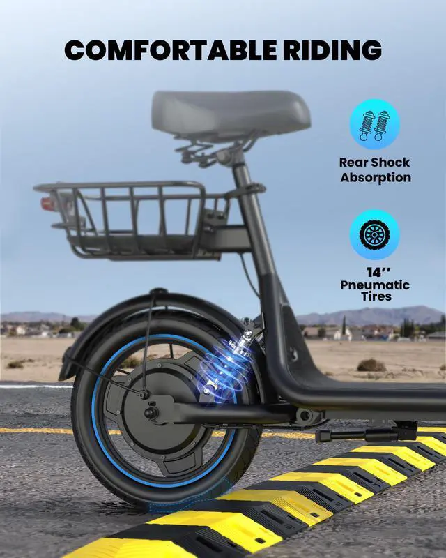 Alt view image 7 of 7 - GYROOR 650W Electric Scooter with Seat for Adult,14 inch Commuter Electric Scooter with Dual Shock Absorbers and Basket-up to 25 Miles 18.6MPH Rear Basket