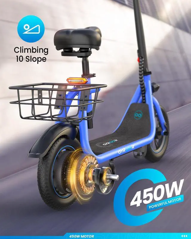 Alt view image 3 of 7 - GYROOR C1 450W Electric Scooter with Seat, Powerful Motor up to 22 Miles Range, Folding Electric Scooter for Adult Max Speed 15.5Mph, Electric Scooter for Commuting with Basket Blue S, Black