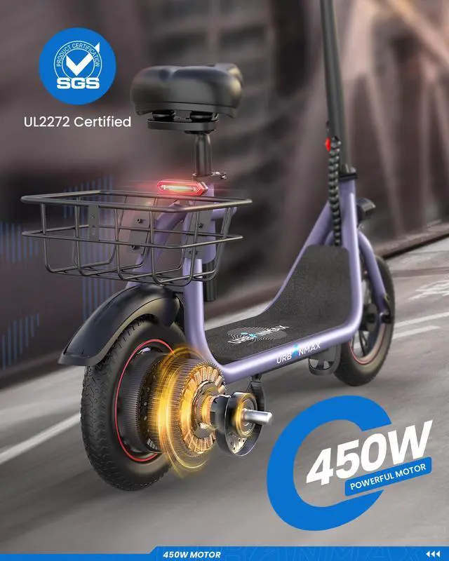 Alt view image 3 of 7 - GYROOR C1 450W Electric Scooter with Seat, Powerful Motor up to 22 Miles Range, Folding Electric Scooter for Adult Max Speed 15.5Mph, Electric Scooter for Commuting with Basket Purple S, Black