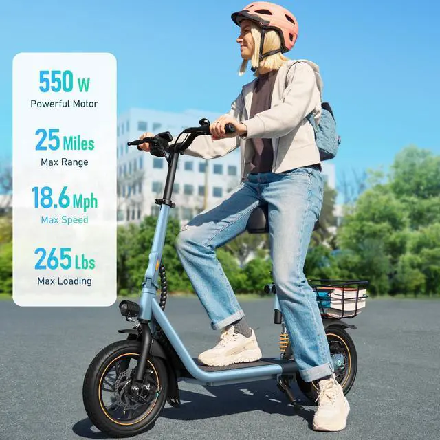 Alt view image 2 of 7 - GYROOR C1Pro 550W Electric Scooter with Seat for Adult, 12 inch Commuter Electric Scooter with Dual Shock Absorbers and Basket - Up to 25 Miles 18.6MPH Blue S Max