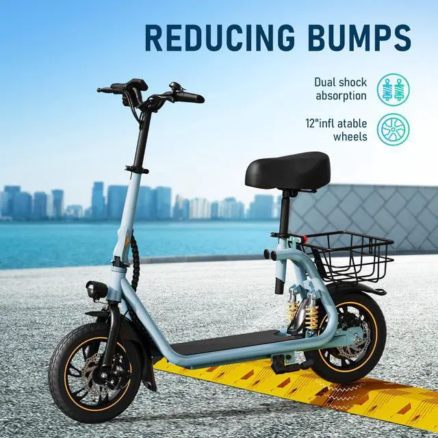 Alt view image 5 of 7 - GYROOR C1Pro 550W Electric Scooter with Seat for Adult, 12 inch Commuter Electric Scooter with Dual Shock Absorbers and Basket - Up to 25 Miles 18.6MPH Blue S Max