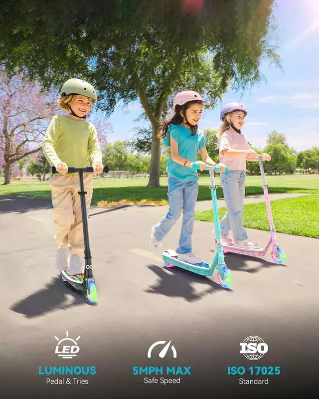Alt view image 2 of 7 - Gyroor KS2 Kids Electric Scooter, 5 MPH Speed Safe Ride with Foot Sensor Start, LED Lights, Adjustable Handlebar, 2 Hour Fast Charging, UL2272 Certified, Ages 612, 121 lb Max Load, Pink