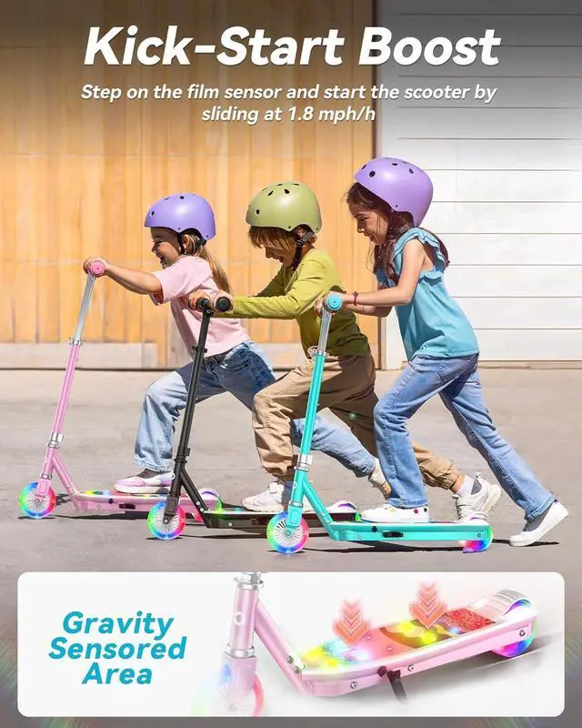 Alt view image 5 of 7 - Gyroor KS2 Kids Electric Scooter, 5 MPH Speed Safe Ride with Foot Sensor Start, LED Lights, Adjustable Handlebar, 2 Hour Fast Charging, UL2272 Certified, Ages 612, 121 lb Max Load, Pink
