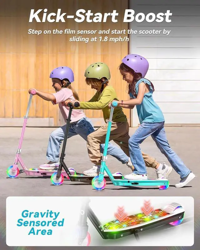 Alt view image 4 of 7 - Gyroor KS2 Kids Electric Scooter, 5 MPH Speed Safe Ride with Foot Sensor Start, LED Lights, Adjustable Handlebar, 2 Hour Fast Charging, UL2272 Certified, Ages 612, 121 lb Max Load, Black
