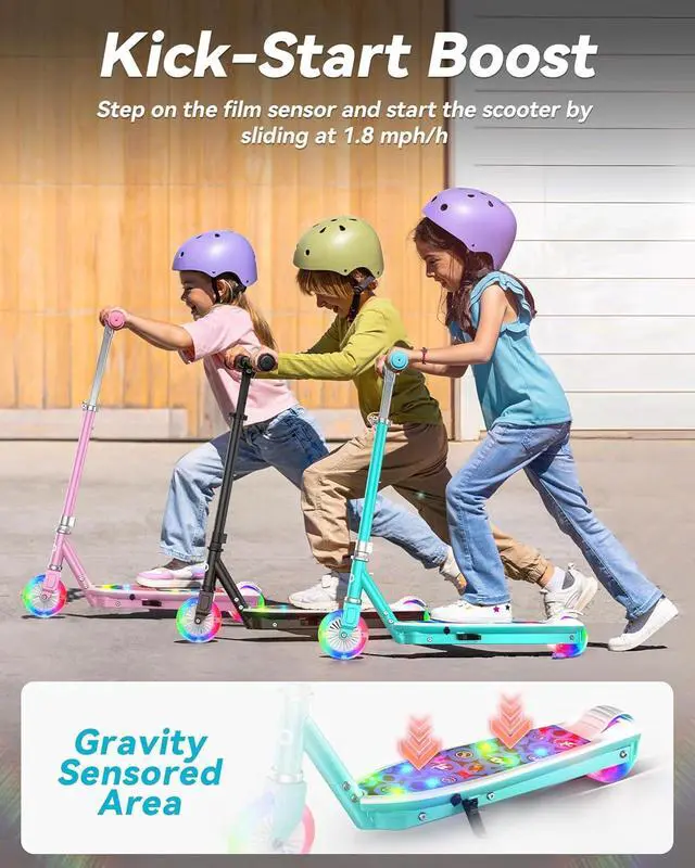 Alt view image 4 of 7 - Gyroor KS2 Kids Electric Scooter, 5 MPH Speed Safe Ride with Foot Sensor Start, LED Lights, Adjustable Handlebar, 2 Hour Fast Charging, UL2272 Certified, Ages 612, 121 lb Max Load, Cyan