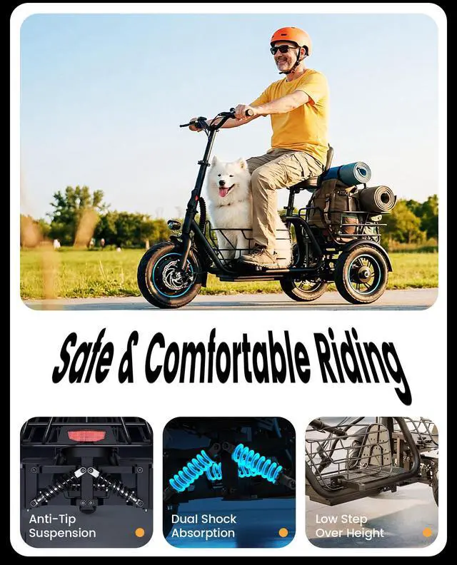 Alt view image 2 of 7 - GYROOR Anti-Tip 3 Wheel Electric Tricycle for Seniors & Adults, 650W Electric Trike, 30 Miles Long Range, Reverse Gear, Dual Baskets, Rear Suspension, 300 lb Load, UL2849 Safety Certified