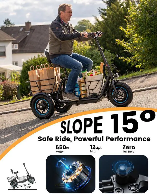 Alt view image 3 of 7 - GYROOR Anti-Tip 3 Wheel Electric Tricycle for Seniors & Adults, 650W Electric Trike, 30 Miles Long Range, Reverse Gear, Dual Baskets, Rear Suspension, 300 lb Load, UL2849 Safety Certified