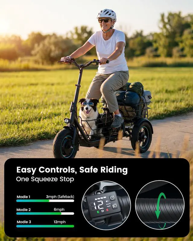 Alt view image 4 of 7 - GYROOR Anti-Tip 3 Wheel Electric Tricycle for Seniors & Adults, 650W Electric Trike, 30 Miles Long Range, Reverse Gear, Dual Baskets, Rear Suspension, 300 lb Load, UL2849 Safety Certified