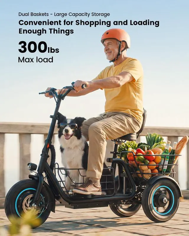 Alt view image 5 of 7 - GYROOR Anti-Tip 3 Wheel Electric Tricycle for Seniors & Adults, 650W Electric Trike, 30 Miles Long Range, Reverse Gear, Dual Baskets, Rear Suspension, 300 lb Load, UL2849 Safety Certified