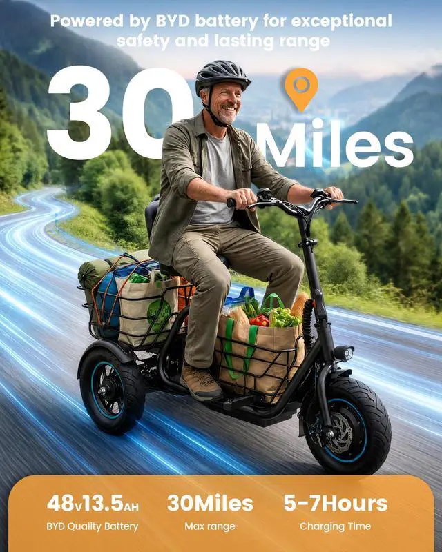 Alt view image 6 of 7 - GYROOR Anti-Tip 3 Wheel Electric Tricycle for Seniors & Adults, 650W Electric Trike, 30 Miles Long Range, Reverse Gear, Dual Baskets, Rear Suspension, 300 lb Load, UL2849 Safety Certified
