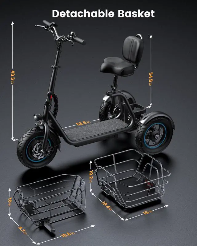 Alt view image 7 of 7 - GYROOR Anti-Tip 3 Wheel Electric Tricycle for Seniors & Adults, 650W Electric Trike, 30 Miles Long Range, Reverse Gear, Dual Baskets, Rear Suspension, 300 lb Load, UL2849 Safety Certified