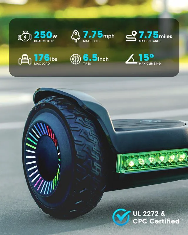 Alt view image 5 of 5 - MIHOVER 6.5 Inch All-Terrain Kids Hoverboard, Self Balancing Scooter with LED Lights & Bluetooth Speaker, UL2272 Certified, Max Speed 7.75 MPH, 176 Lbs Max Load Pink