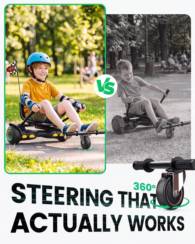 Alt view image 6 of 7 - GYROOR 6.5 in. Hoverboard with Go Kart Seat, All Terrain HoverKart Set for kids, Dual 250W Motors, 360° Swivel Wheels, Rear Suspension, Bluetooth Speaker, UL2272 Certified, Blue