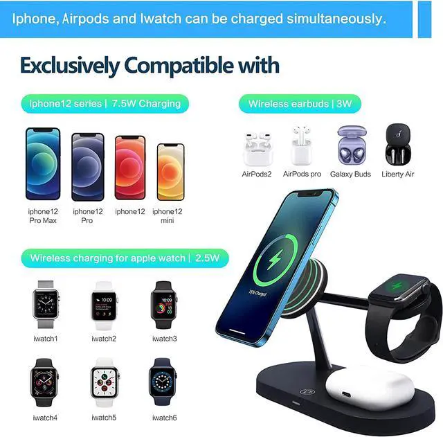 Alt view image 2 of 6 - 3 in 1 Magnetic Fast Wireless Charger,Multiple Devices Wireless Charging Station with QC3.0 Adapter Compatible with iPhone 12/12 Pro Max/Mini/iwatch Series/AirPods Pro/AirPods 2