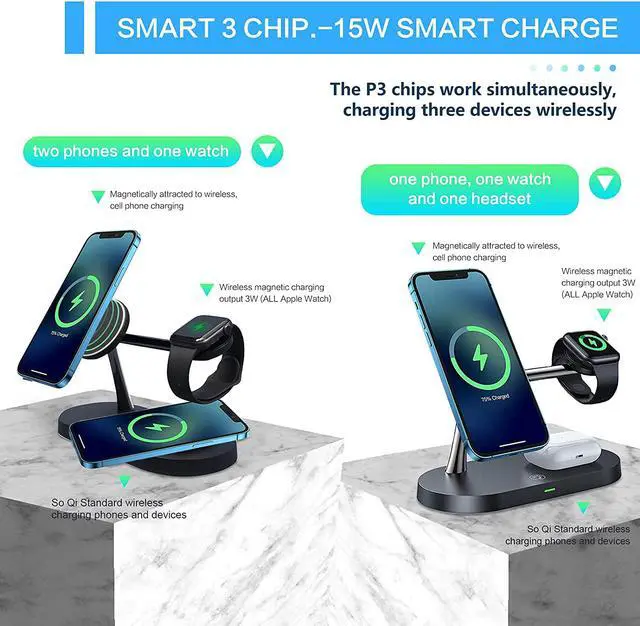 Alt view image 3 of 6 - 3 in 1 Magnetic Fast Wireless Charger,Multiple Devices Wireless Charging Station with QC3.0 Adapter Compatible with iPhone 12/12 Pro Max/Mini/iwatch Series/AirPods Pro/AirPods 2
