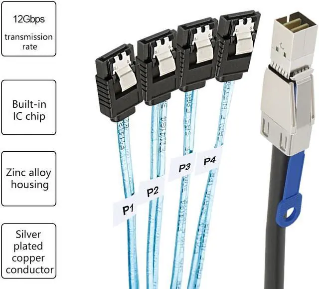 Alt view image 2 of 7 - Weastlinks Mini SAS HD SFF 8644 To SATA Cable 180 degree 4 port 7Pin, Mini SAS HD SFF-8644 to 4 SATA 7pin 12GB for Hard Disk Data Server